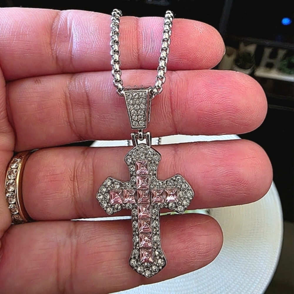 Pink Cubic Zirconia Cross Silver Necklace